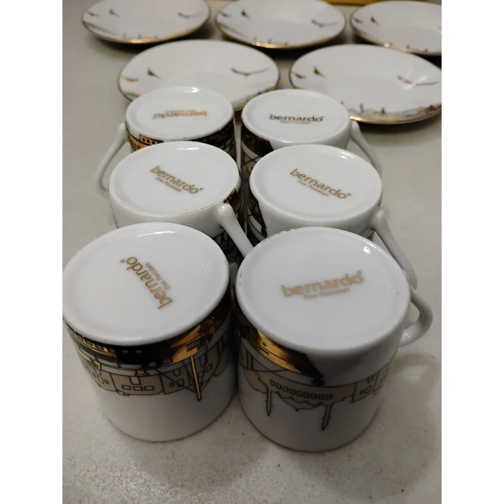 Bernardo Fine Porcelain Turkish Coffee 6 Cups 6 Saucers Skyline Birds Gold Tea